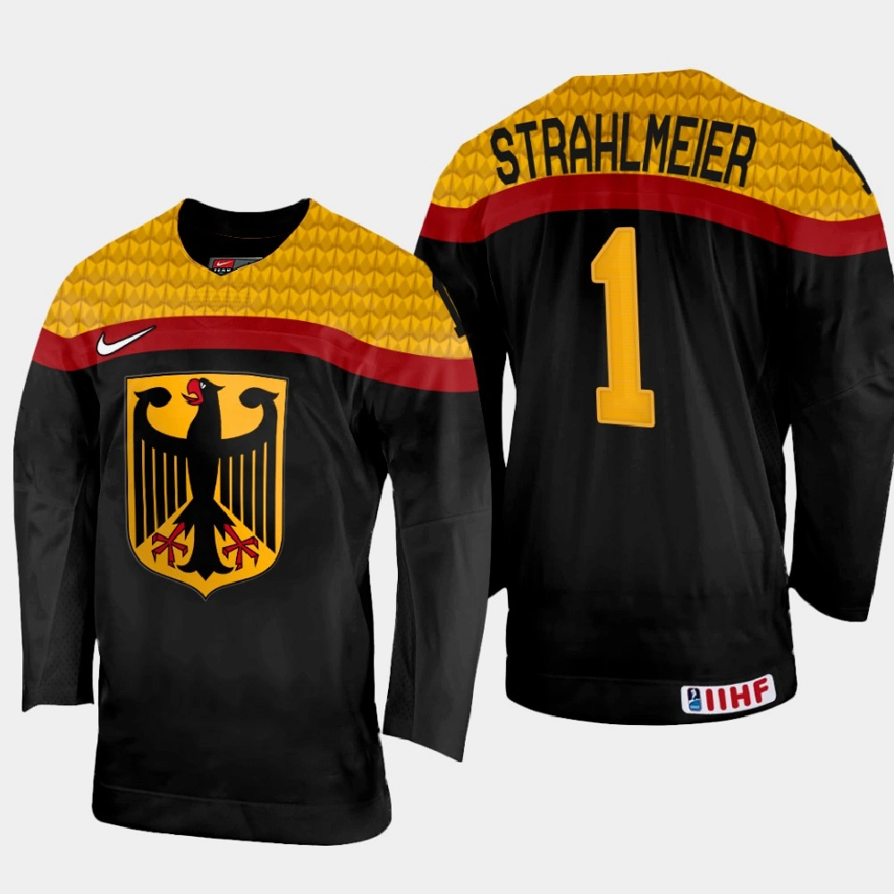 Germany #1 Dustin Strahlmeier 2022 IIHF World Championship Black Away Jersey