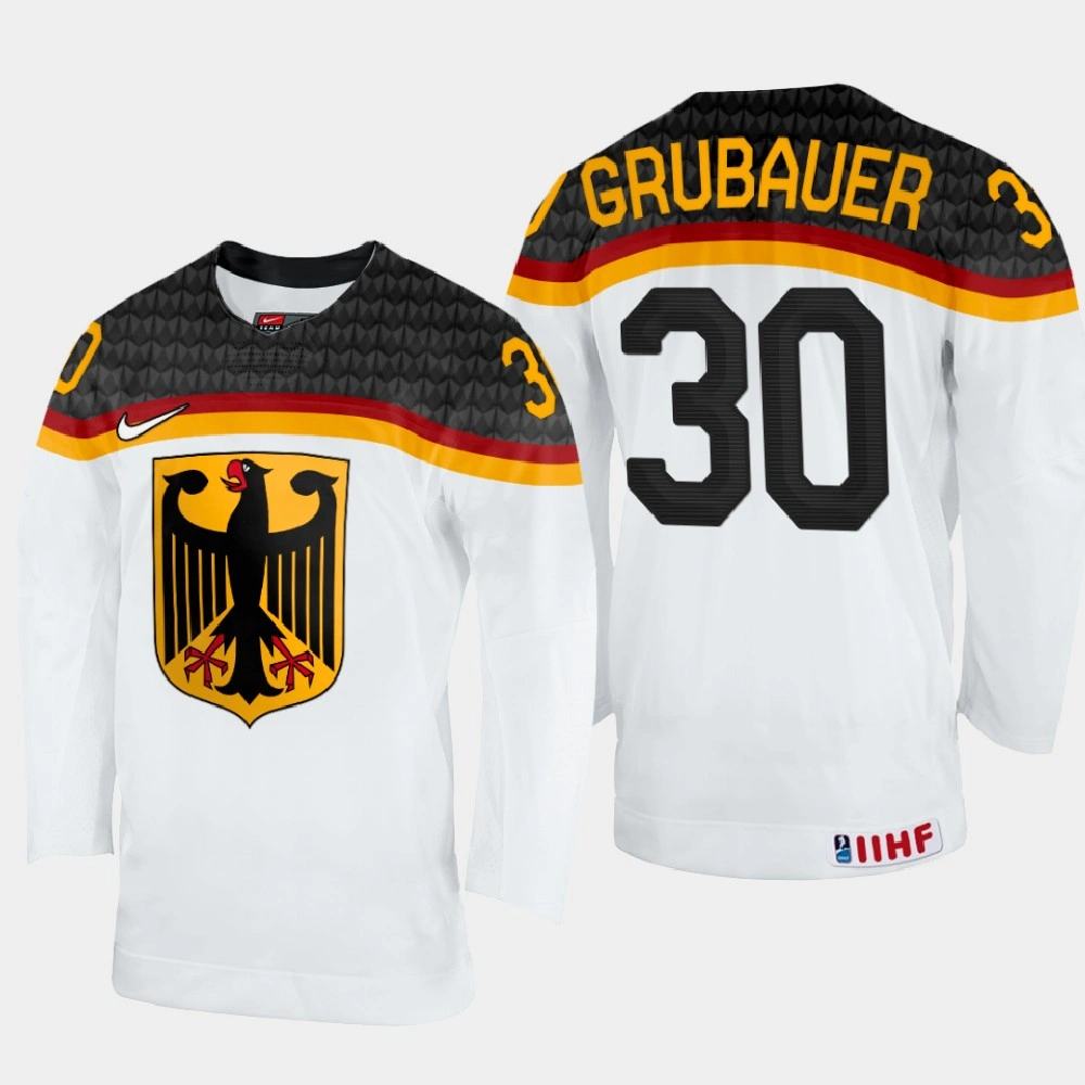Youth Philipp Grubauer 2022 IIHF World Championship Germany Hockey Jersey White #30 Uniform Youth Philipp Grubauer 2022 IIHF World Championship Germany Hockey Jersey White #30 Uniform