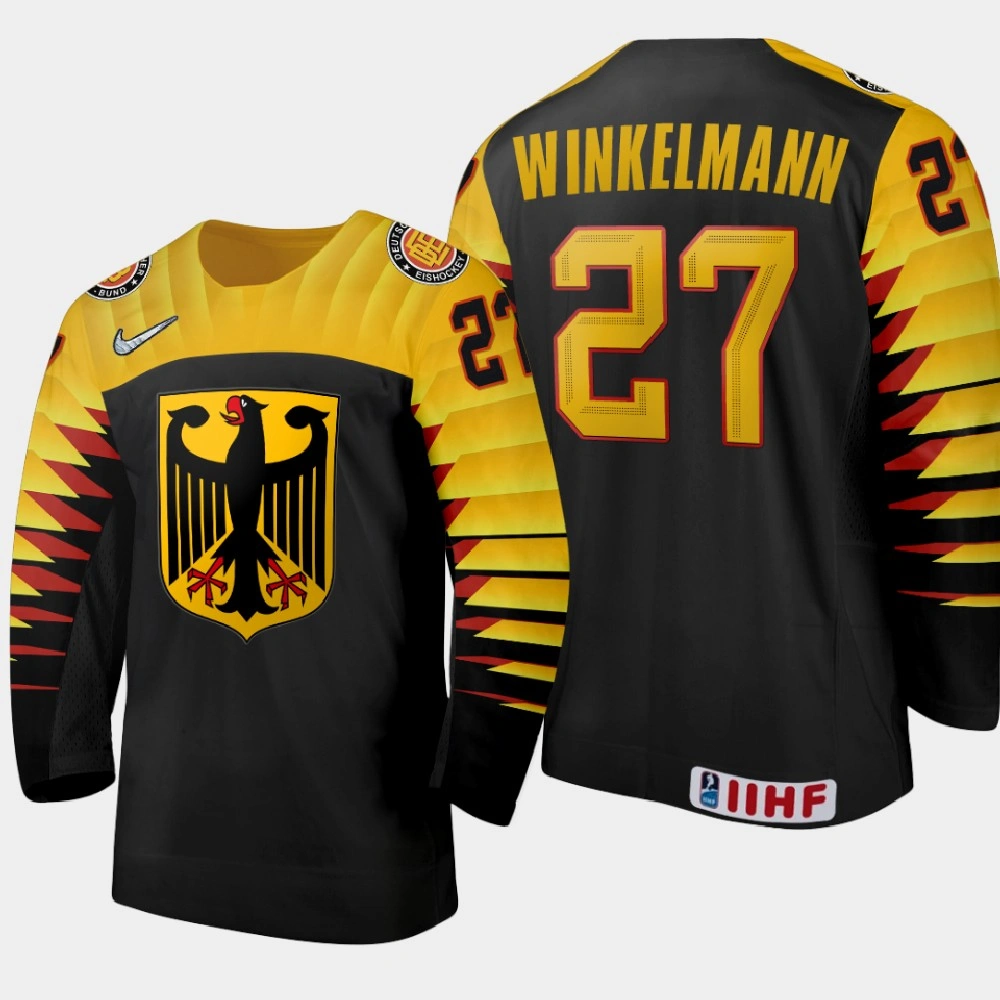 Women's Germany Marius Winkelmann #27 2021 IIHF U18 World Championship Away Black Jersey Women's Germany Marius Winkelmann #27 2021 IIHF U18 World Championship Away Black Jersey