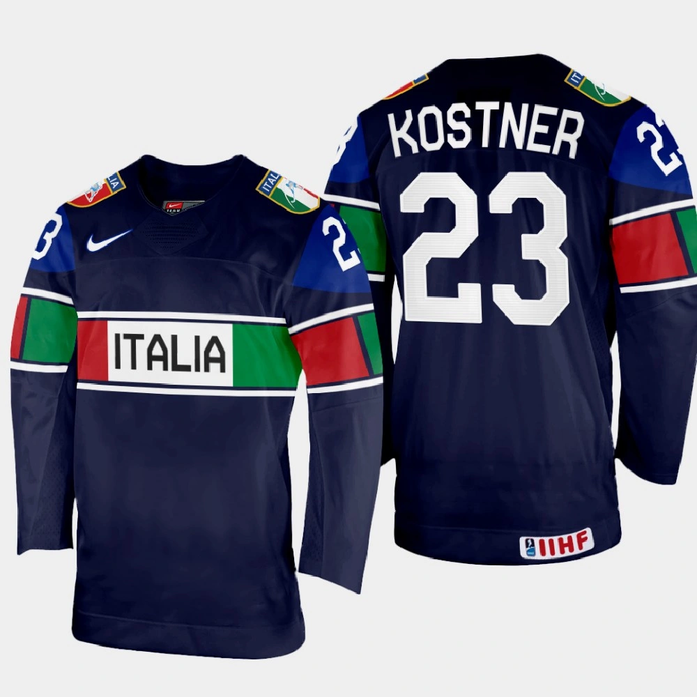Women's Diego Kostner 2022 IIHF World Championship Italy Hockey Jersey Navy #23 Uniform Women's Diego Kostner 2022 IIHF World Championship Italy Hockey Jersey Navy #23 Uniform