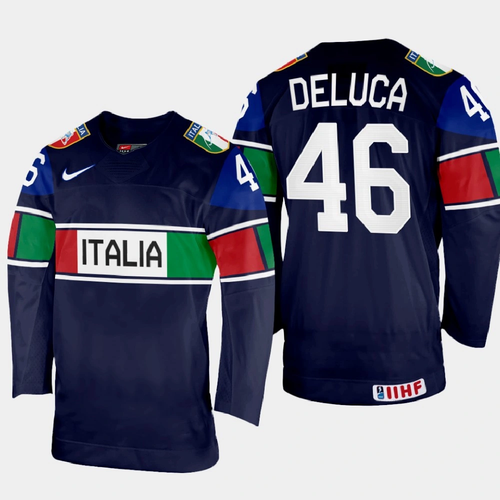 Women's Ivan Deluca 2022 IIHF World Championship Italy Hockey Jersey Navy #46 Uniform Women's Ivan Deluca 2022 IIHF World Championship Italy Hockey Jersey Navy #46 Uniform