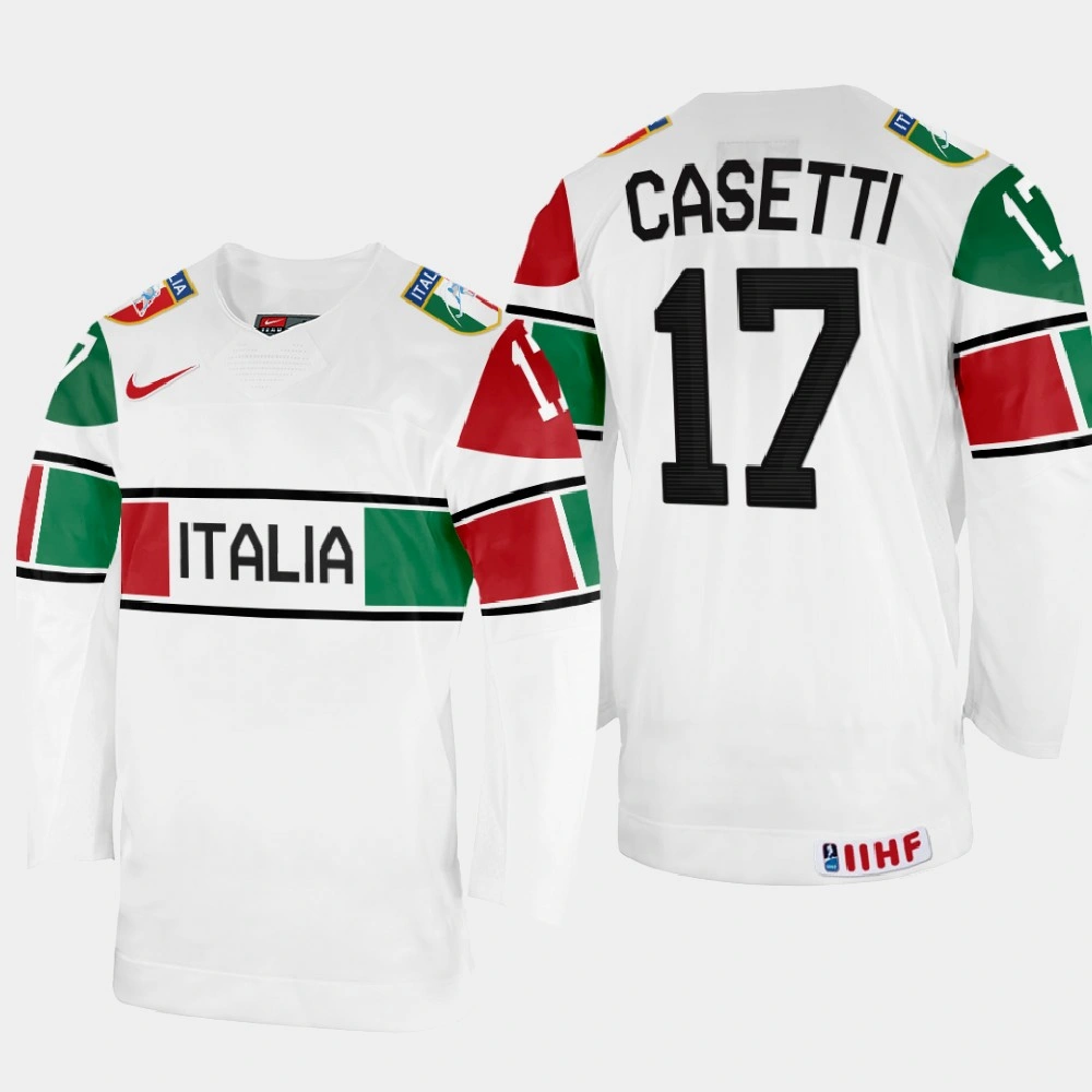 Women's Lorenzo Casetti 2022 IIHF World Championship Italy Hockey Jersey White #17 Uniform Women's Lorenzo Casetti 2022 IIHF World Championship Italy Hockey Jersey White #17 Uniform