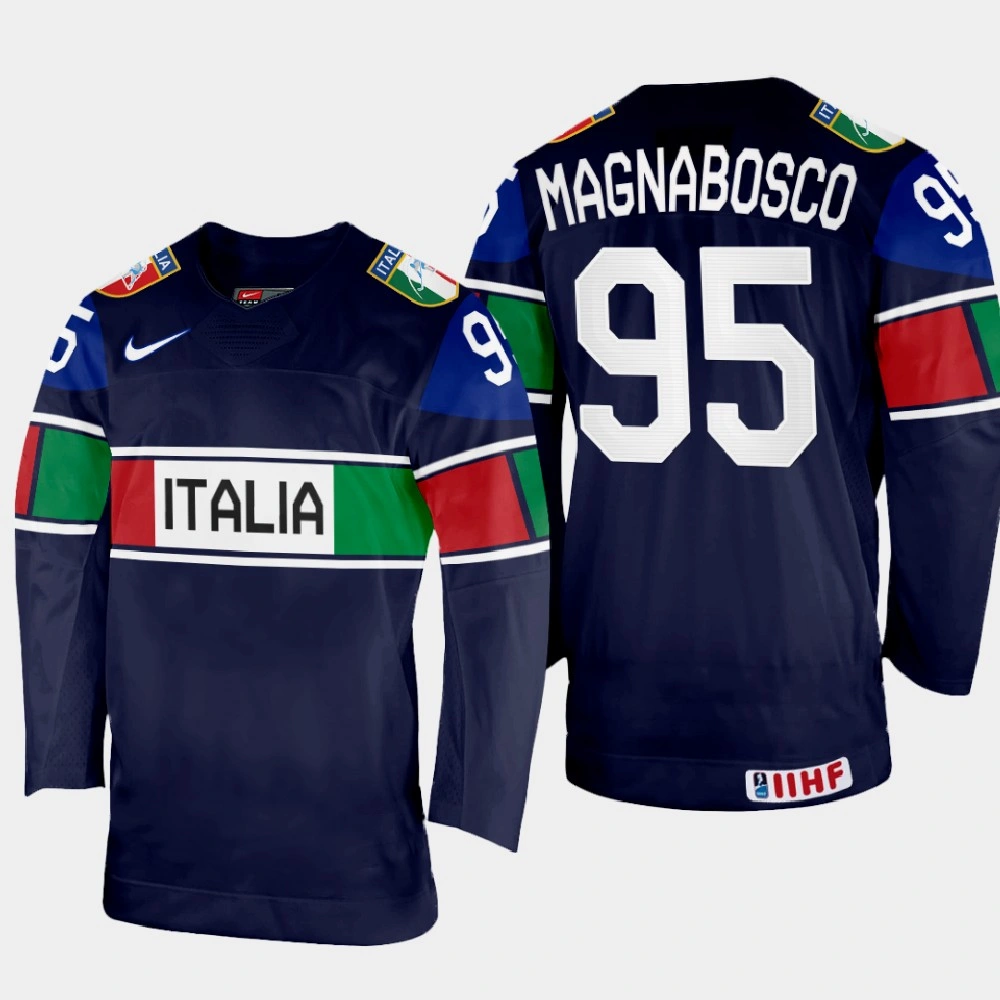 Women's Marco Magnabosco 2022 IIHF World Championship Italy Hockey Jersey Navy #95 Uniform Women's Marco Magnabosco 2022 IIHF World Championship Italy Hockey Jersey Navy #95 Uniform