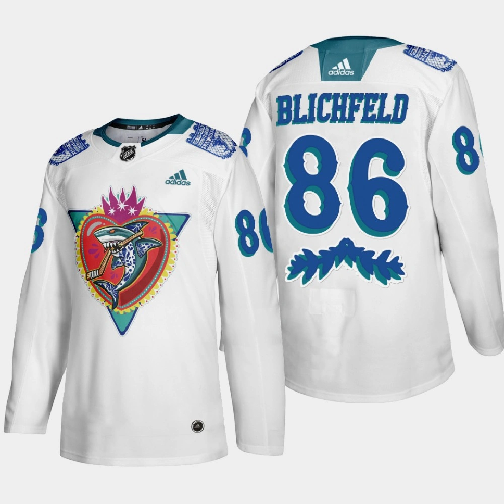 Women's San Jose Sharks Joachim Blichfeld #86 Los Tiburones Night White Jersey Women's San Jose Sharks Joachim Blichfeld #86 Los Tiburones Night White Jersey