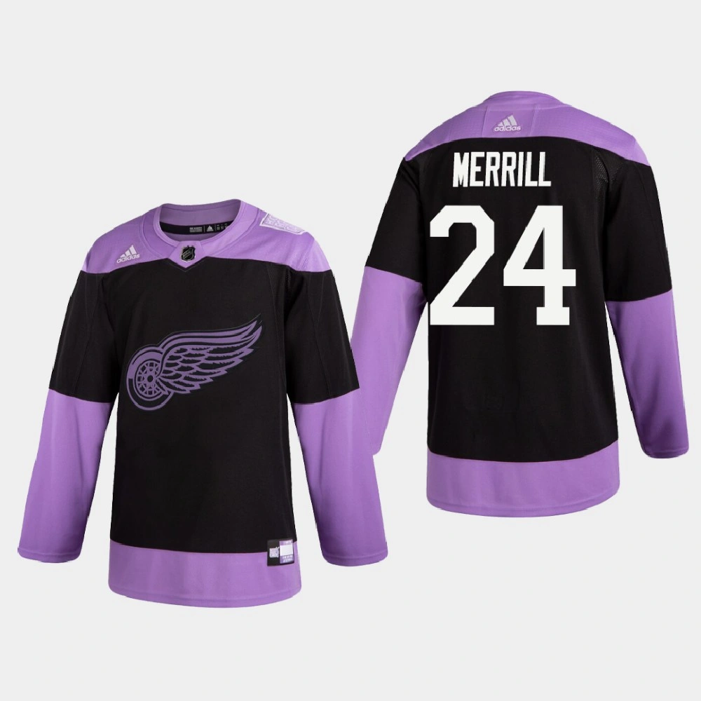 Youth Detroit Red Wings Jon Merrill #24 2020 Hockey Fights Cancer Practice Black Jersey
