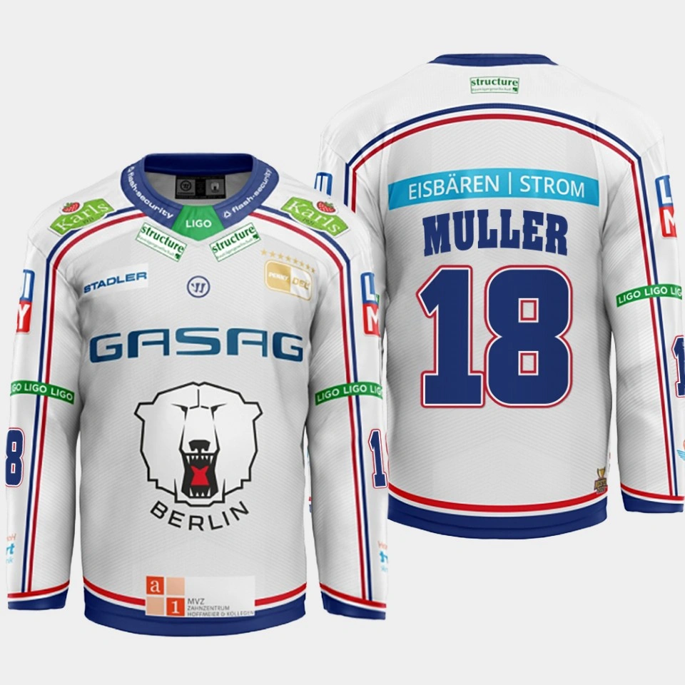Youth Jonas Muller #18 Eisbaren Berlin 2022 Away Hockey White Jersey Youth Jonas Muller #18 Eisbaren Berlin 2022 Away Hockey White Jersey