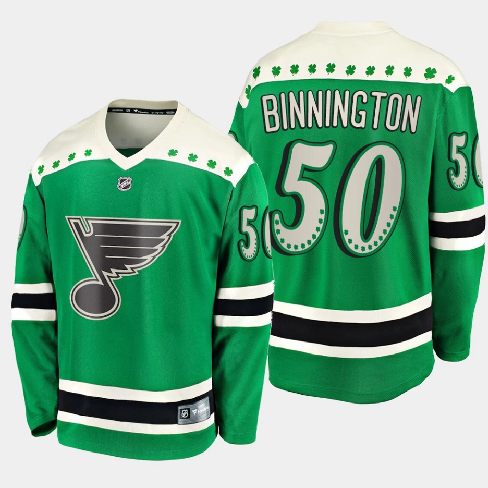 Men's St. Louis Blues Jordan Binnington #50 2021 St. Patrick's Day Green Jersey Men's St. Louis Blues Jordan Binnington #50 2021 St. Patrick's Day Green Jersey
