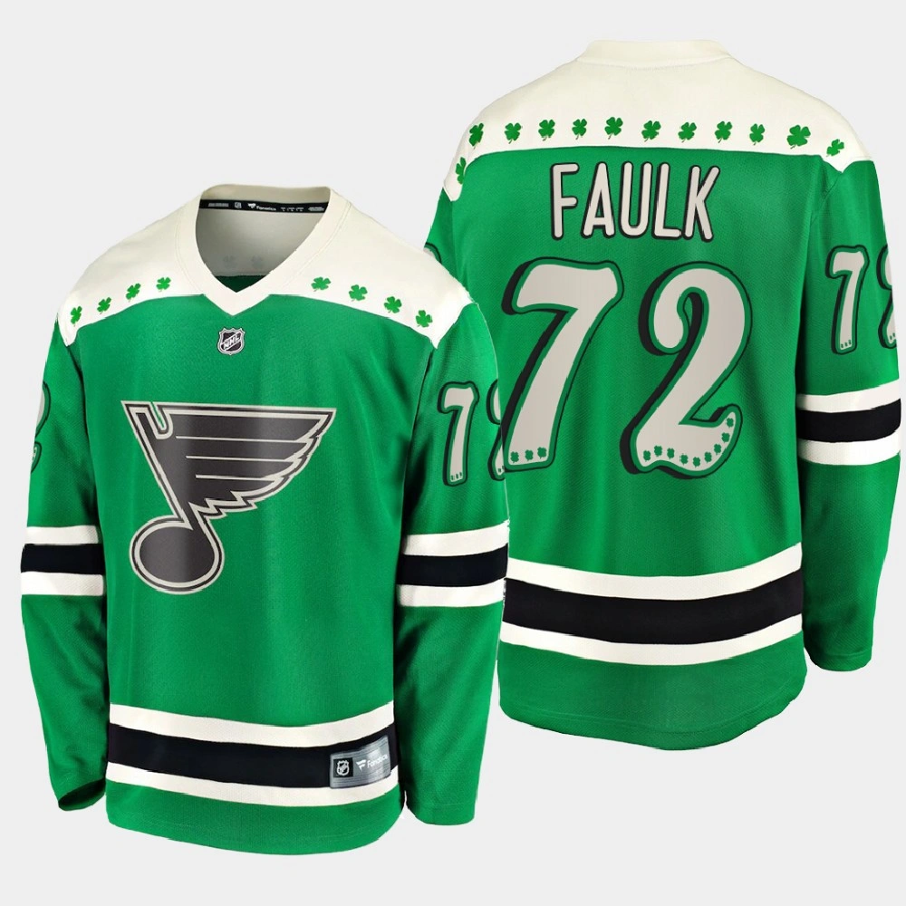 Men's St. Louis Blues Justin Faulk #72 2021 St. Patrick's Day Green Jersey Men's St. Louis Blues Justin Faulk #72 2021 St. Patrick's Day Green Jersey