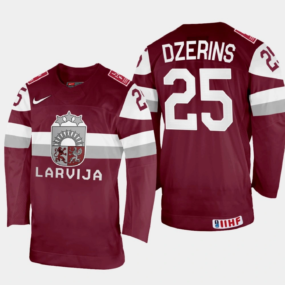 Women's Andris Dzerins 2022 IIHF World Championship Latvia Hockey Jersey Maroon #25 Uniform