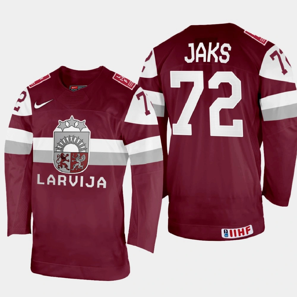 Latvijas #72 Janis Jaks 2022 IIHF World Championship Maroon Away Jersey Latvijas #72 Janis Jaks 2022 IIHF World Championship Maroon Away Jersey