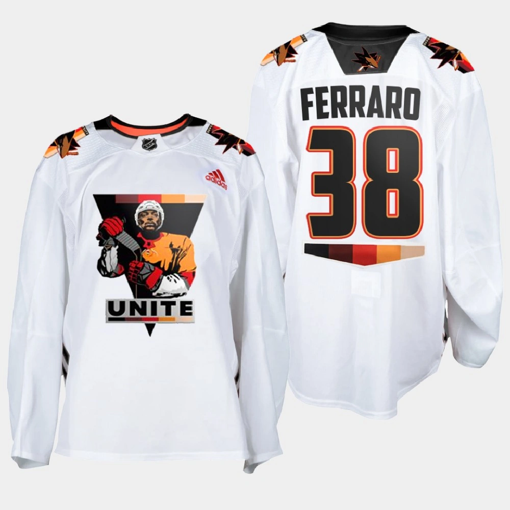 Women's San Jose Sharks Mario Ferraro #38 Terry Smith Unite special warmup White Jersey