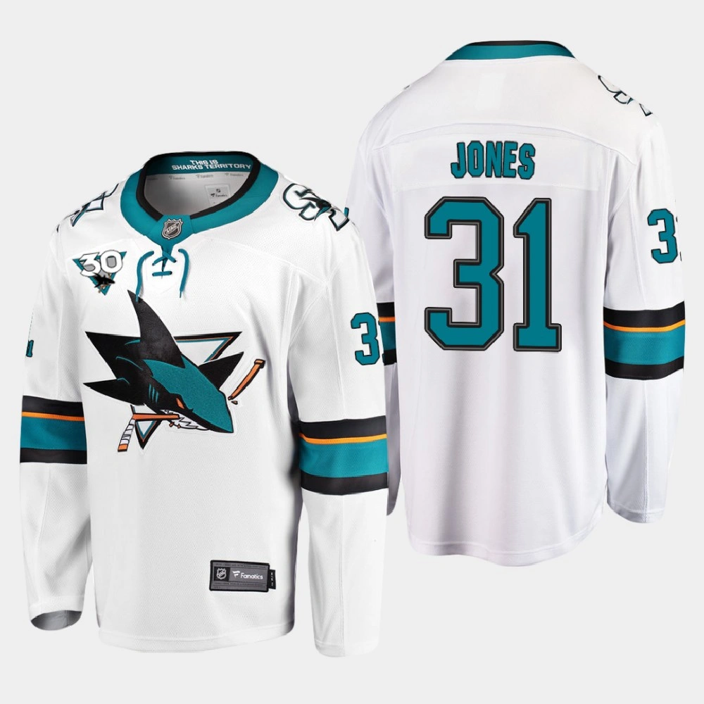 Youth San Jose Sharks #31 Martin Jones 2020-21 Away Commemorate 30th Anniversary White Jersey