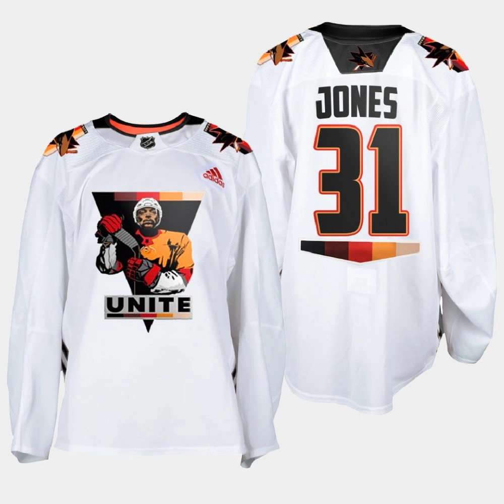 Men San Jose Sharks Martin Jones #31 Terry Smith Unite special warmup White Jersey