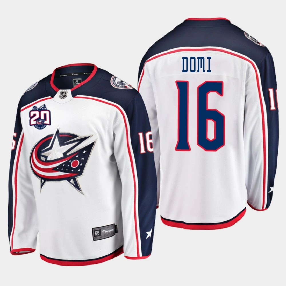 Men's Columbus Blue Jackets Max Domi #16 20th Anniversary Away White Jersey Men's Columbus Blue Jackets Max Domi #16 20th Anniversary Away White Jersey