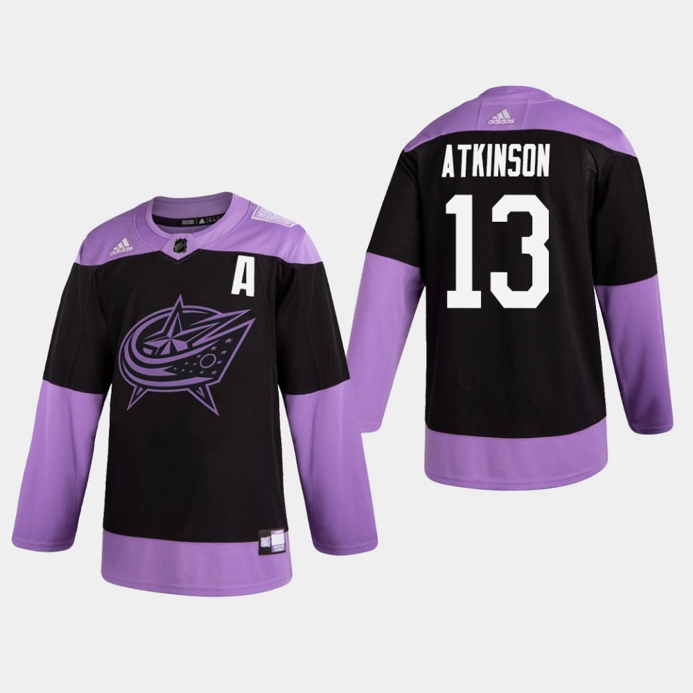 Blue Jackets Cam Atkinson #13 Hockey Fights Cancer Practice Black Jersey