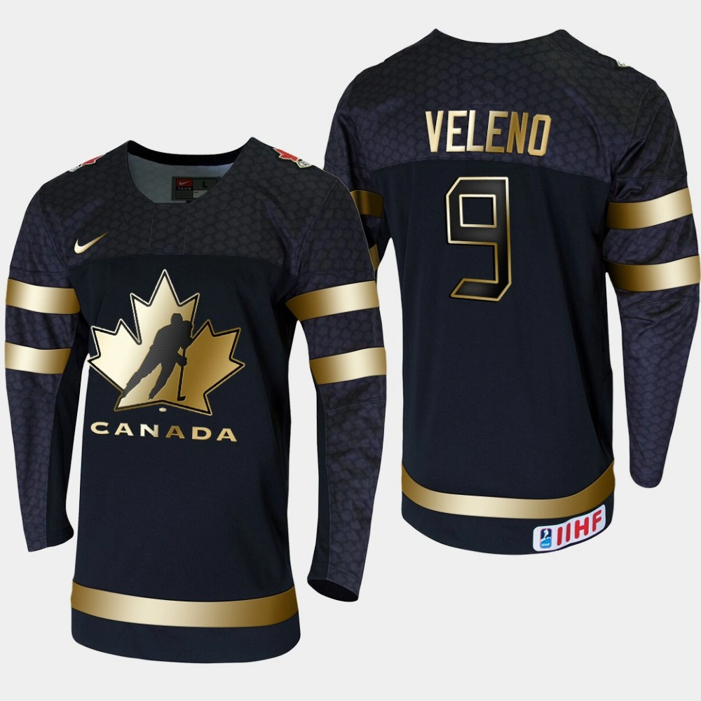 Canada Joe Veleno #9 2020 IIHF World Junior Championship Black Golden Edition Jersey Canada Joe Veleno #9 2020 IIHF World Junior Championship Black Golden Edition Jersey