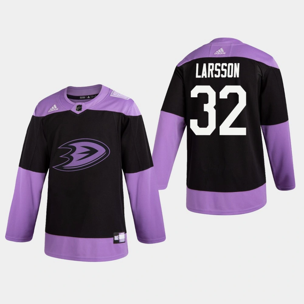Ducks Jacob Larsson #32 Hockey Fights Cancer Practice Black Jersey