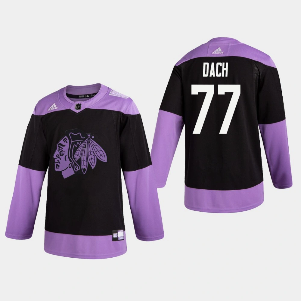 Women's Blackhawks Kirby Dach #77 Hockey Fights Cancer Practice Black Jersey