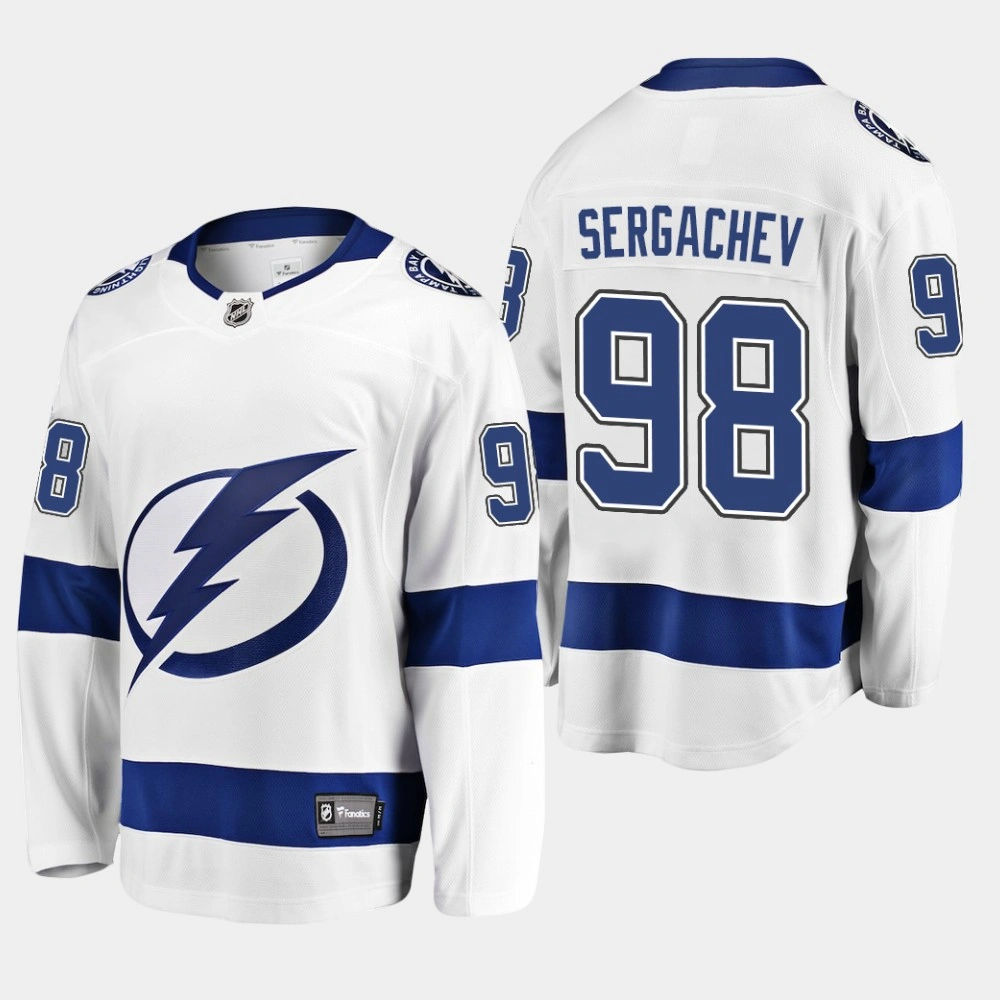 Tampa Bay Lightning Mikhail Sergachev Breakaway White Away Jersey Tampa Bay Lightning Mikhail Sergachev Breakaway White Away Jersey