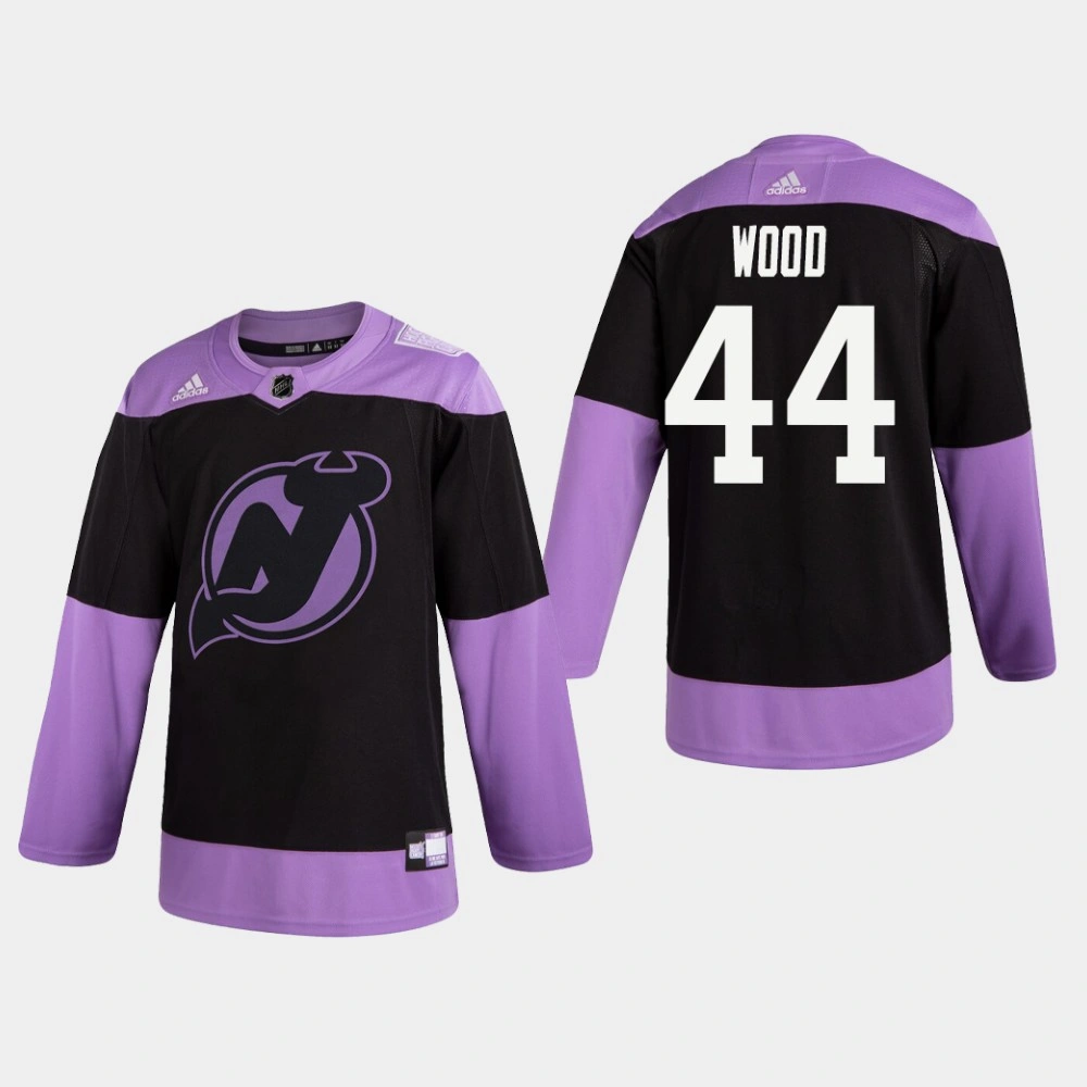 Women's Devils Miles Wood #44 Hockey Fights Cancer Practice Black Jersey