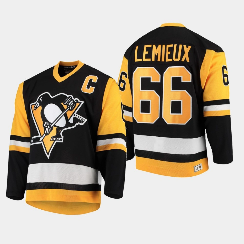 Men's Pittsburgh Penguins Mario Lemieux #66 Black Heroes of Hockey Authentic Throwback Jersey