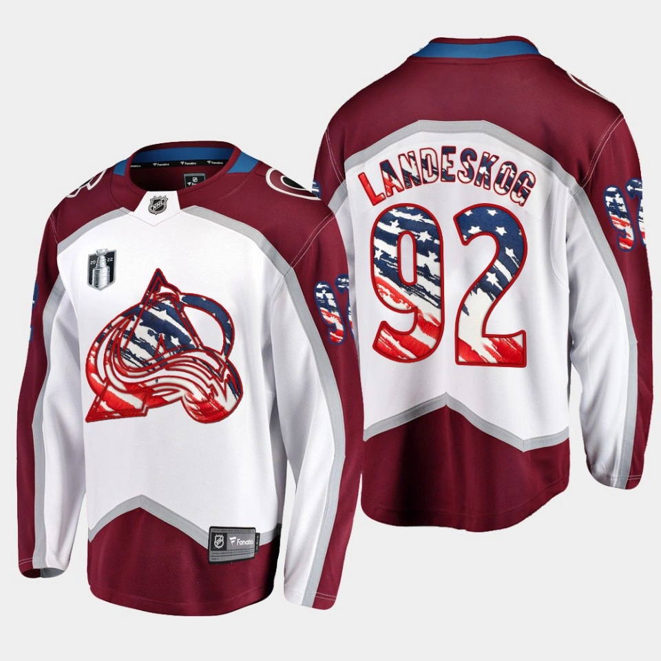 Youth Gabriel Landeskog Colorado Avalanche 4th of July 2022 White #92 Jersey Stars Stripes Flag Youth Gabriel Landeskog Colorado Avalanche 4th of July 2022 White #92 Jersey Stars Stripes Flag