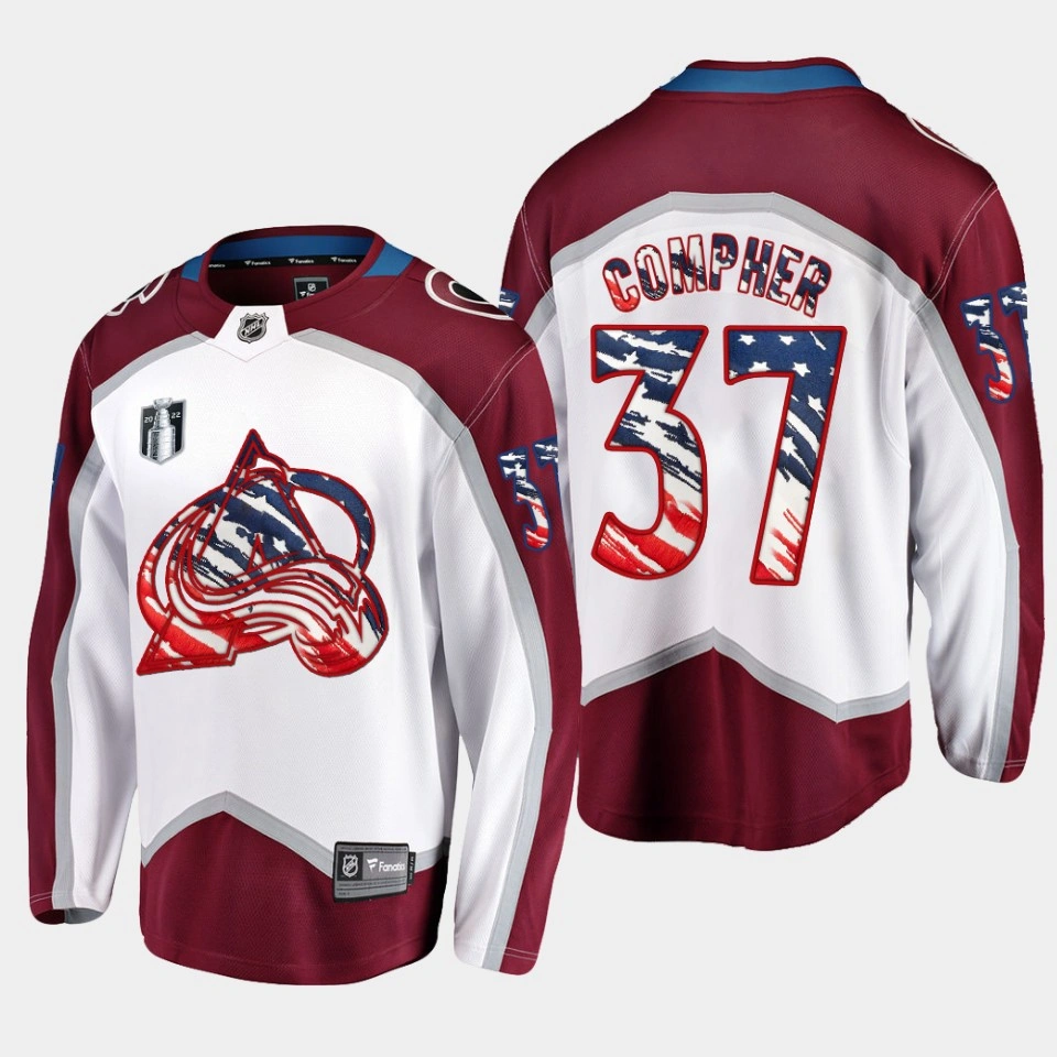Youth J.T. Compher Colorado Avalanche 4th of July 2022 White #37 Jersey Stars Stripes Flag Youth J.T. Compher Colorado Avalanche 4th of July 2022 White #37 Jersey Stars Stripes Flag