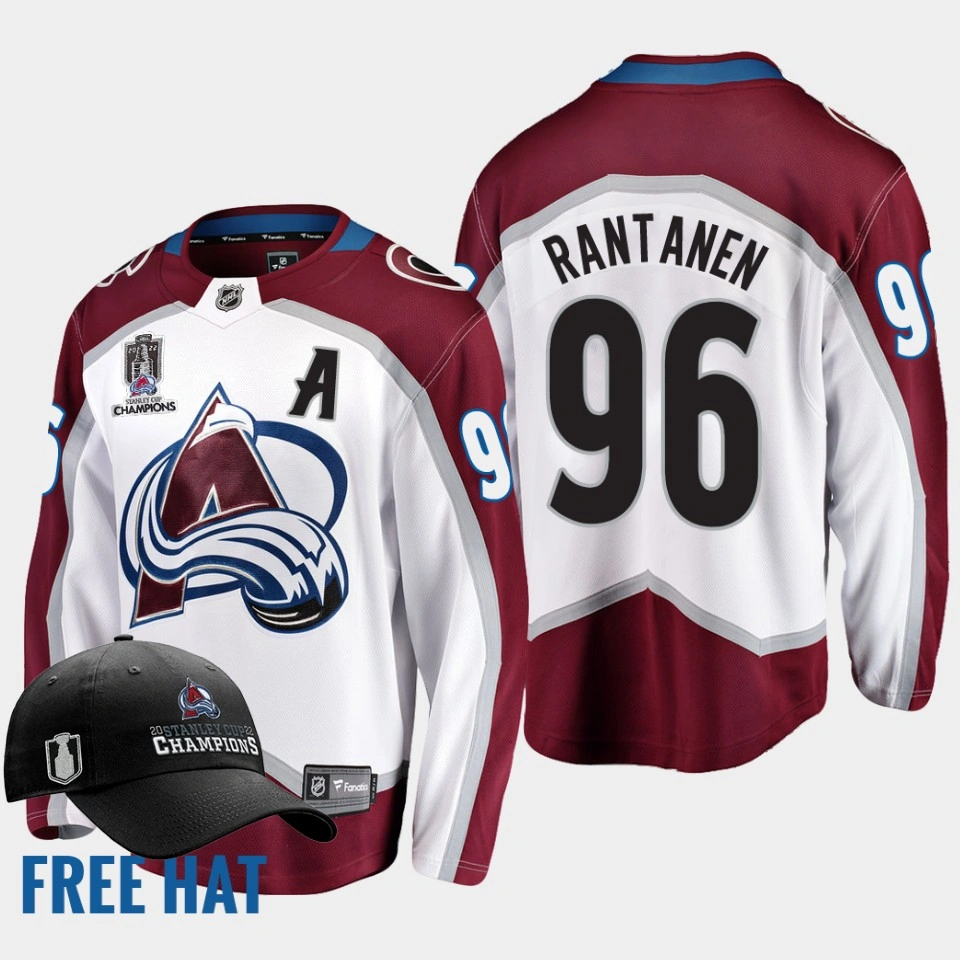 Women's Colorado Avalanche 2022 Stanley Cup Champions Mikko Rantanen White #96 Jersey Free Hat