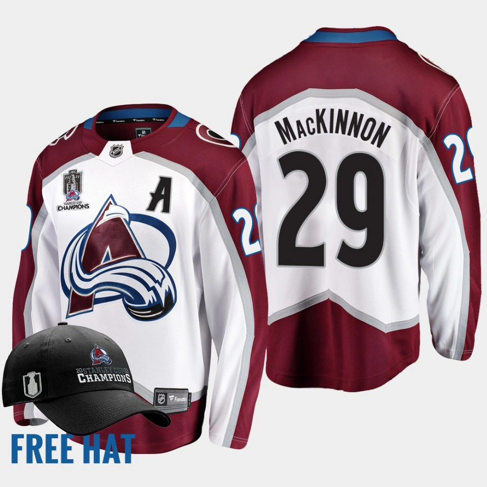 Colorado Avalanche 2022 Stanley Cup Champions Nathan MacKinnon White #29 Jersey Free Hat