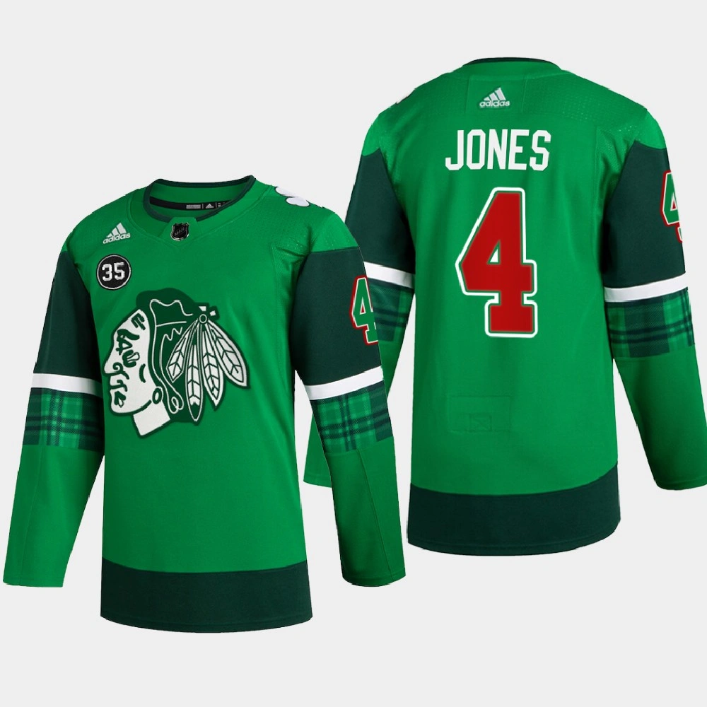 Chicago Blackhawks St. Patricks Day Seth Jones Green Warm-Up Jersey