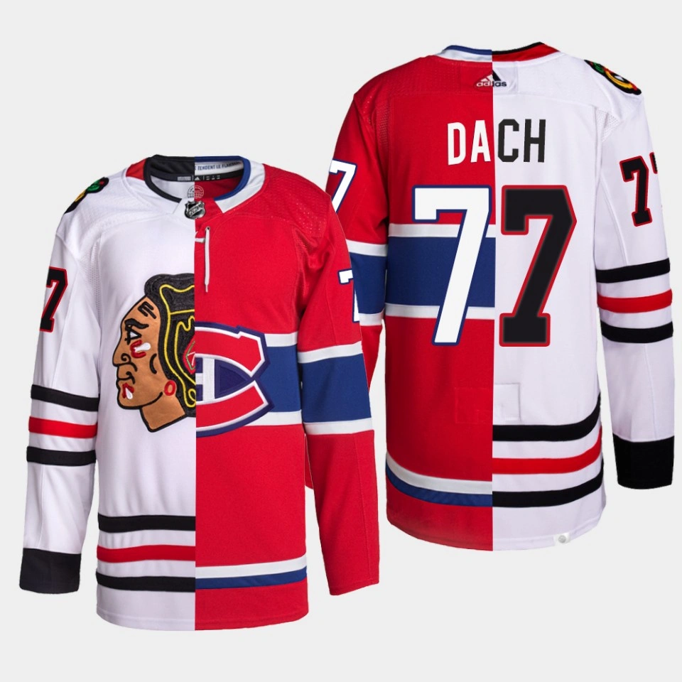 Kirby Dach Blackhawks x Canadiens Split Edition White Red #77 Jersey Special Kirby Dach Blackhawks x Canadiens Split Edition White Red #77 Jersey Special