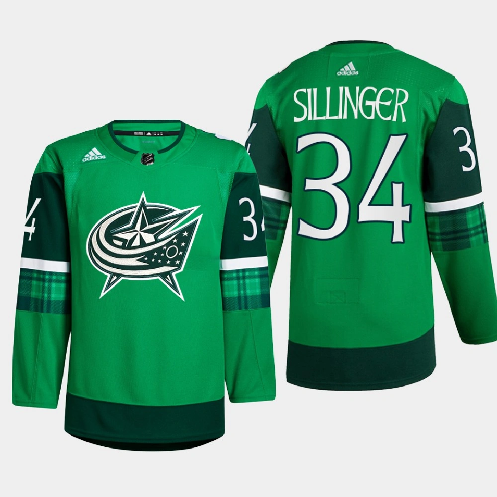 Columbus Blue Jackets St. Patricks Day Cole Sillinger Green Warm-Up Jersey