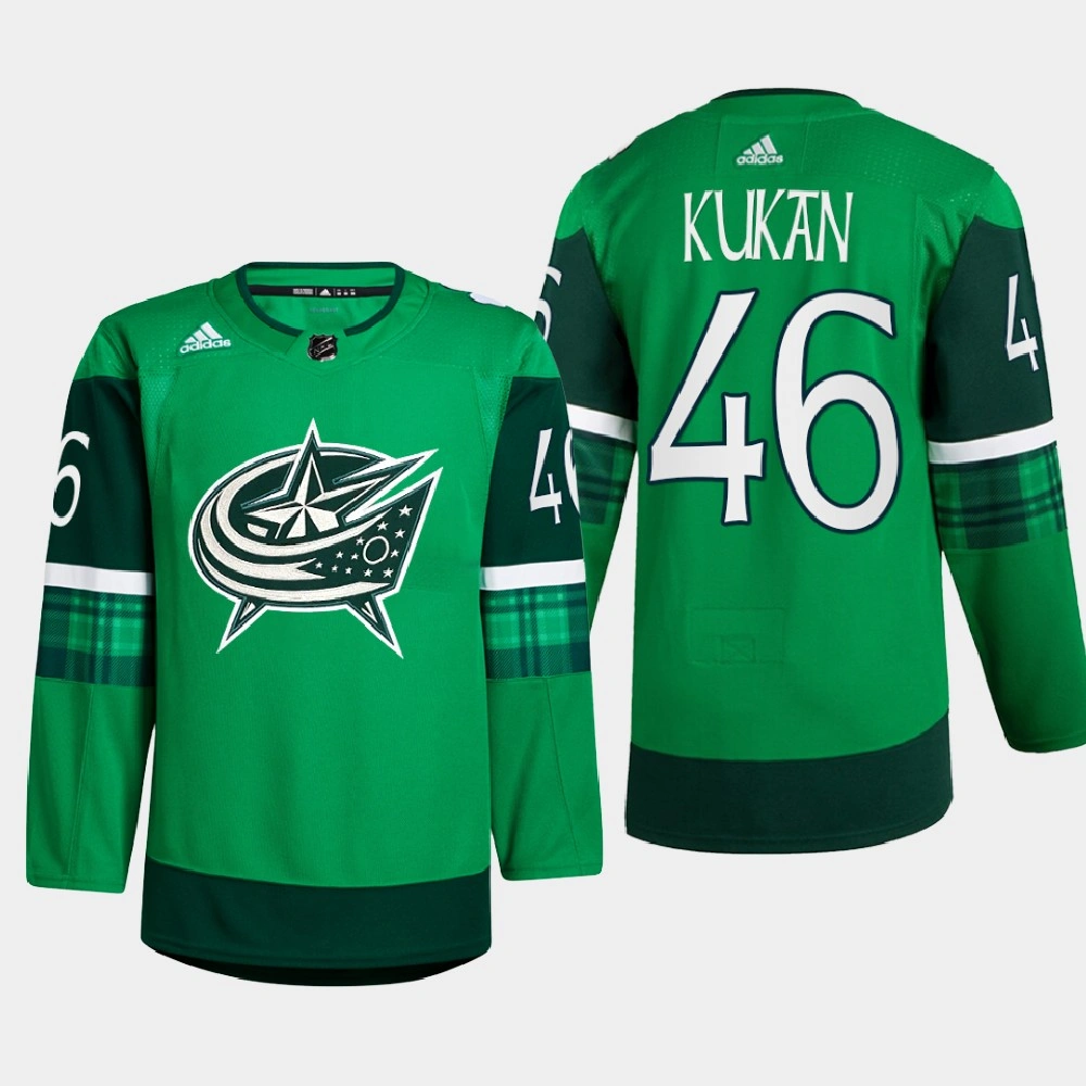 Columbus Blue Jackets St. Patricks Day Dean Kukan Green Warm-Up Jersey Columbus Blue Jackets St. Patricks Day Dean Kukan Green Warm-Up Jersey
