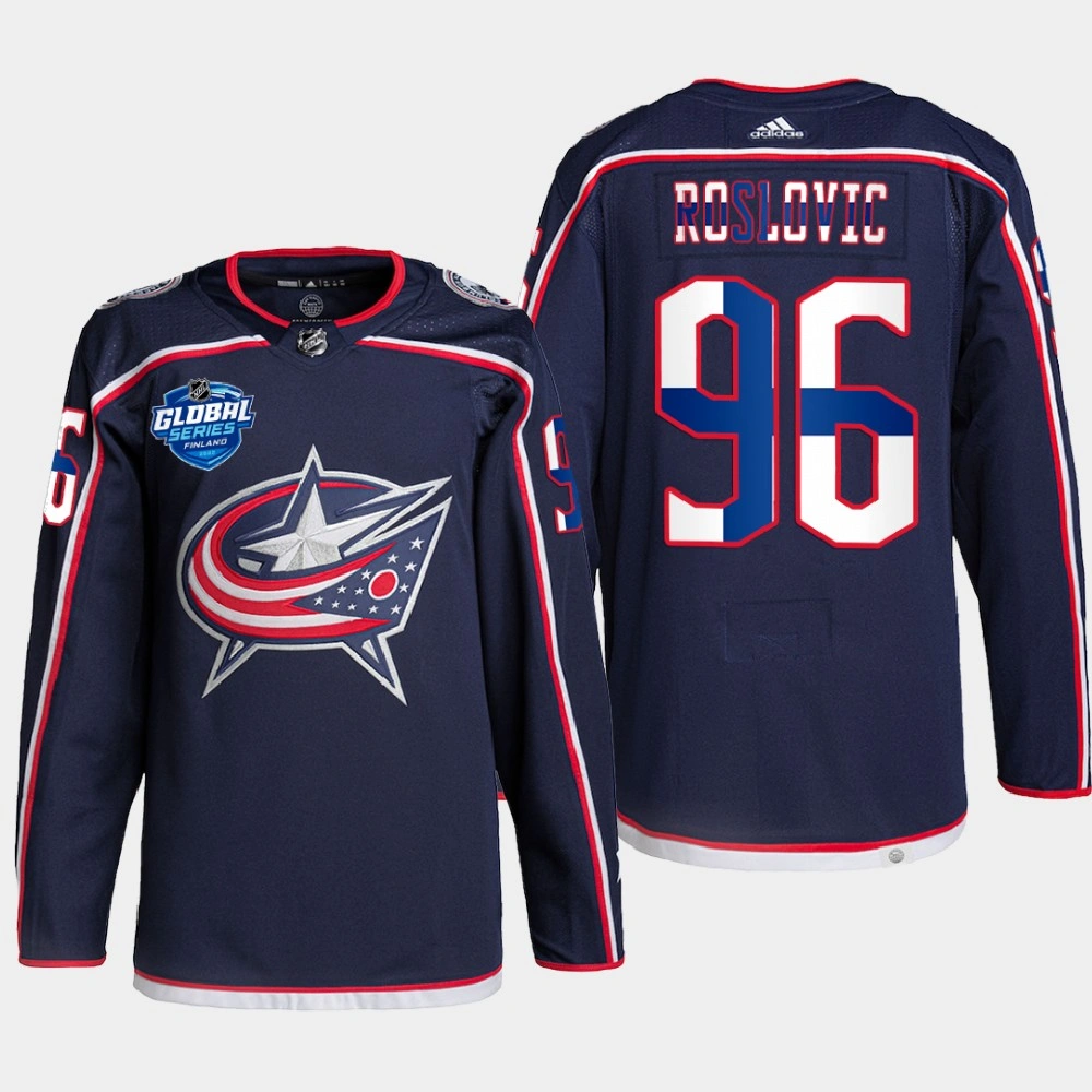 Women's Columbus Blue Jackets 2022 NHL Global Series Jack Roslovic Navy Finland Edition Jersey Women's Columbus Blue Jackets 2022 NHL Global Series Jack Roslovic Navy Finland Edition Jersey