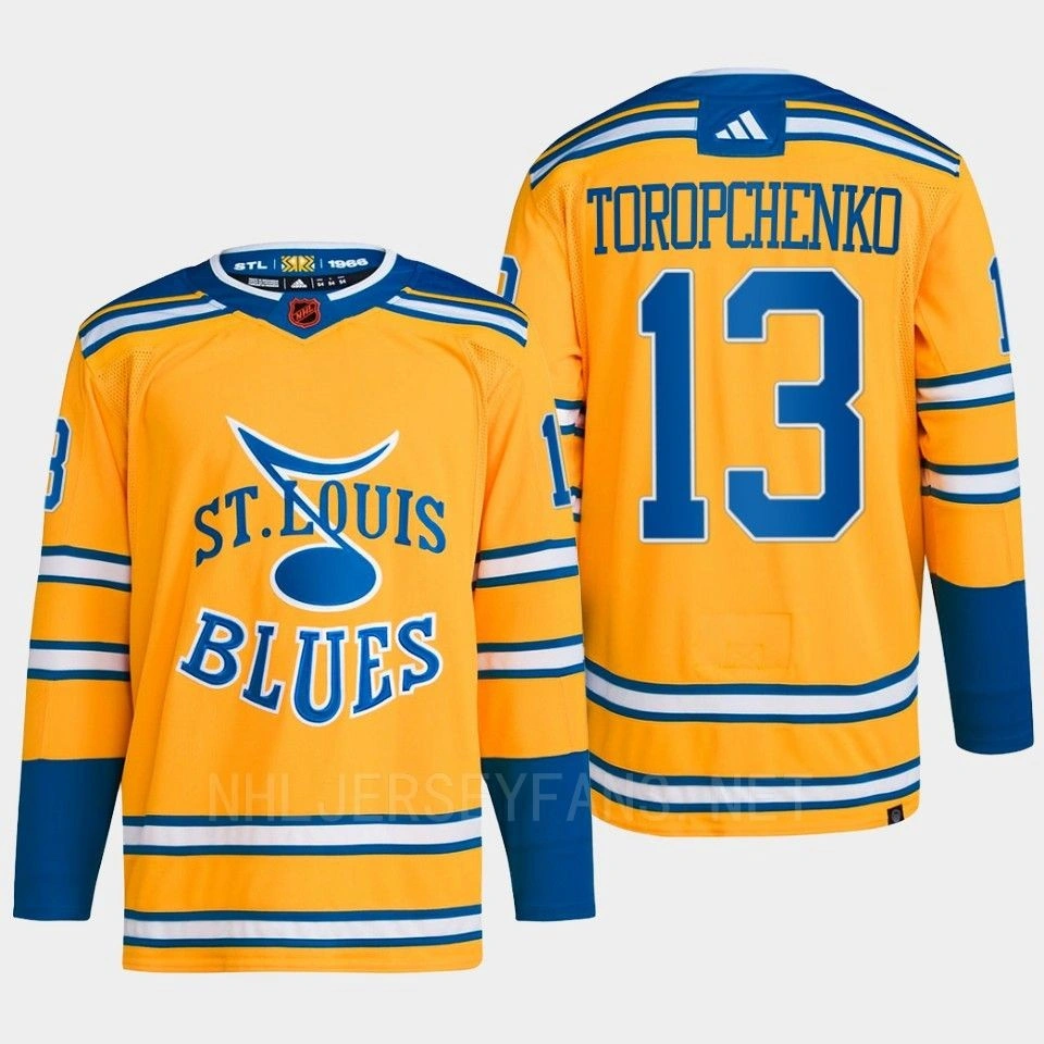 Alexei Toropchenko Reverse Retro 2.0 2022 St. Louis Blues Yellow Jersey Authentic Primegreen #13 Alexei Toropchenko Reverse Retro 2.0 2022 St. Louis Blues Yellow Jersey Authentic Primegreen #13