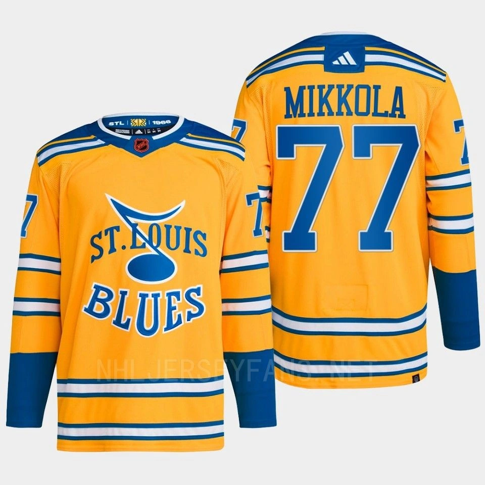 Youth Niko Mikkola Reverse Retro 2.0 2022 St. Louis Blues Yellow Jersey Authentic Primegreen #77