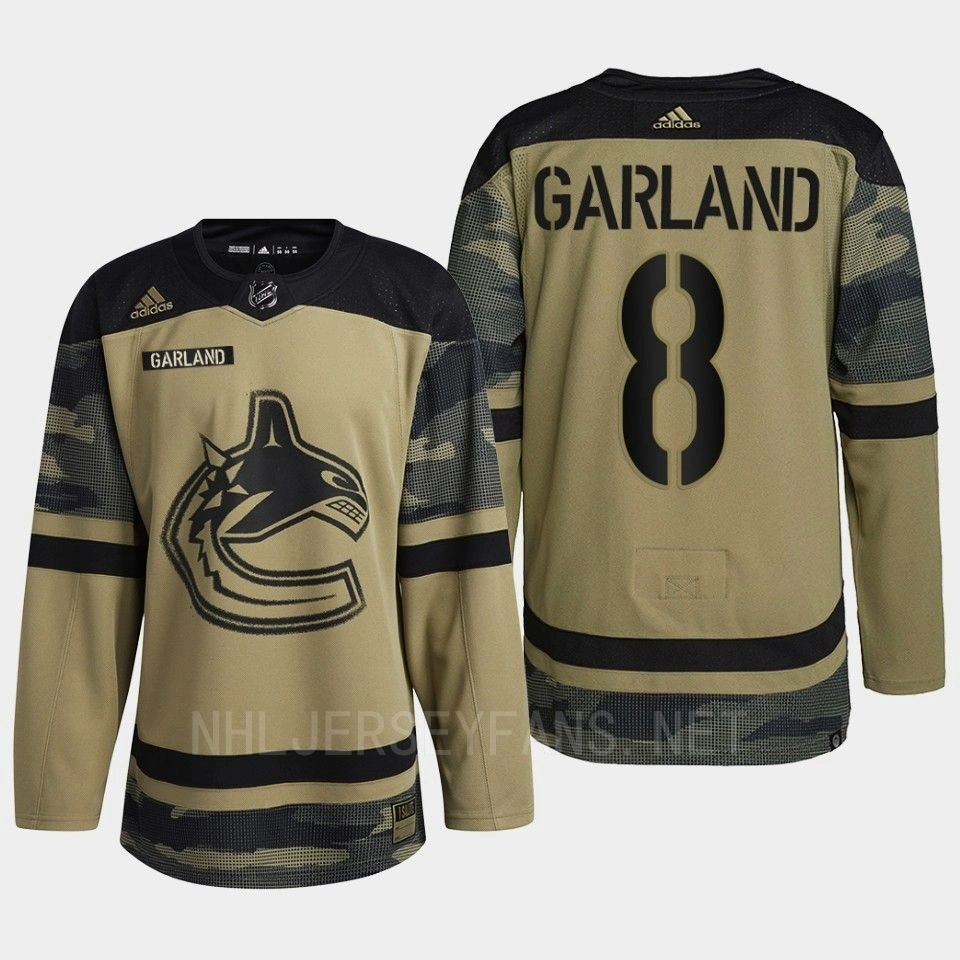 Conor Garland Vancouver Canucks 2022 Armed Forces Green #8 Jersey Camo Warm-up Conor Garland Vancouver Canucks 2022 Armed Forces Green #8 Jersey Camo Warm-up