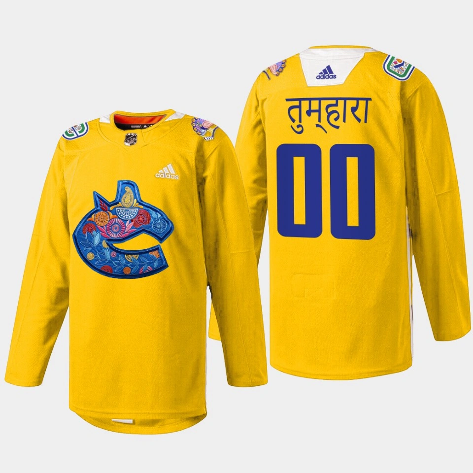 Custom Vancouver Canucks Diwali Night 2022 Yellow #00 Jersey Warmup Custom Vancouver Canucks Diwali Night 2022 Yellow #00 Jersey Warmup