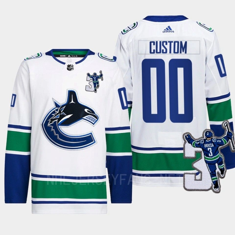 Vancouver Canucks Kevin Bieska patch Custom White Away Jersey Men's Vancouver Canucks Kevin Bieska patch Custom White Away Jersey Men's