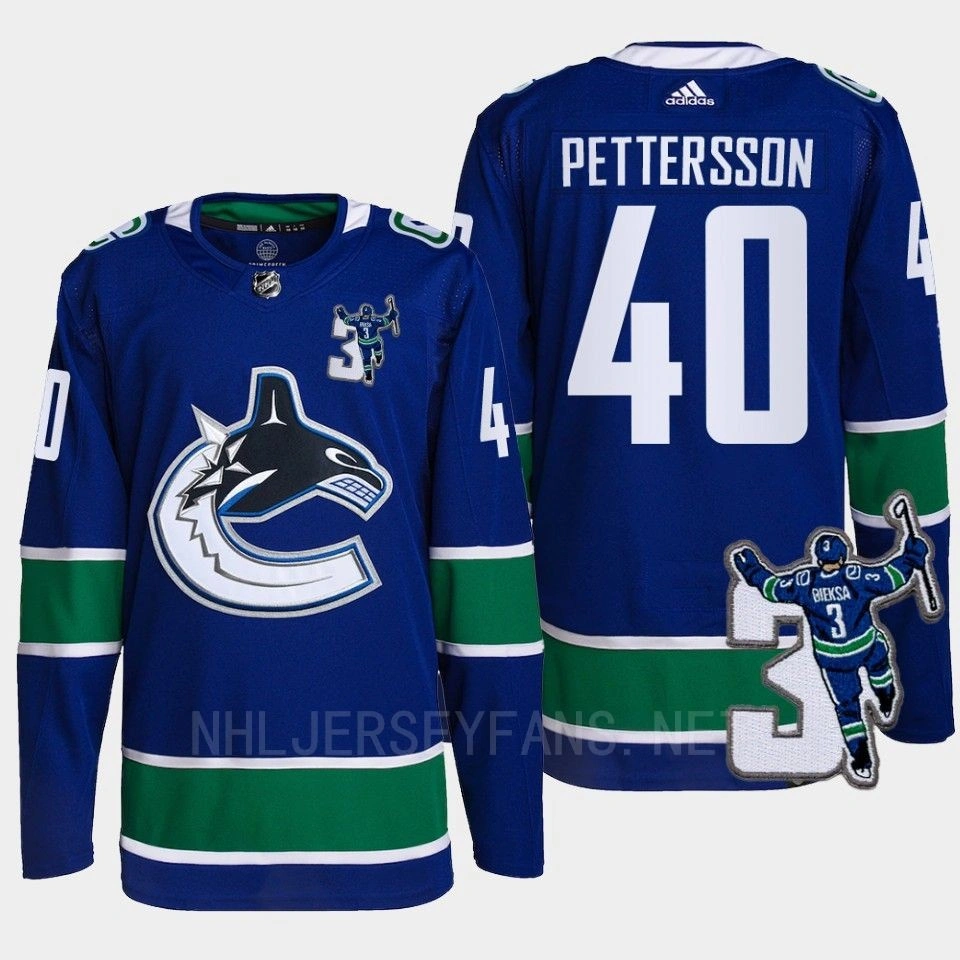 Youth Elias Pettersson Kevin Bieska patch Vancouver Canucks Blue Jersey Home #40