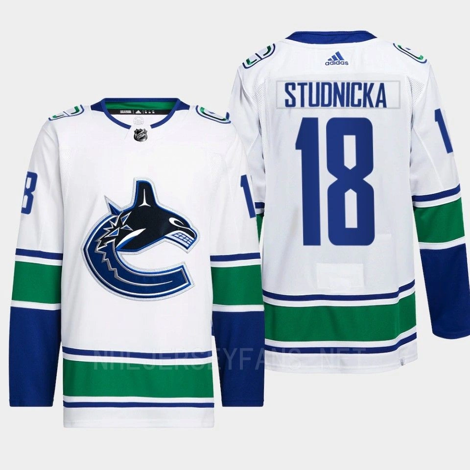 Women's Jack Studnicka #18 Vancouver Canucks White Jersey Away Authentic Primegreen
