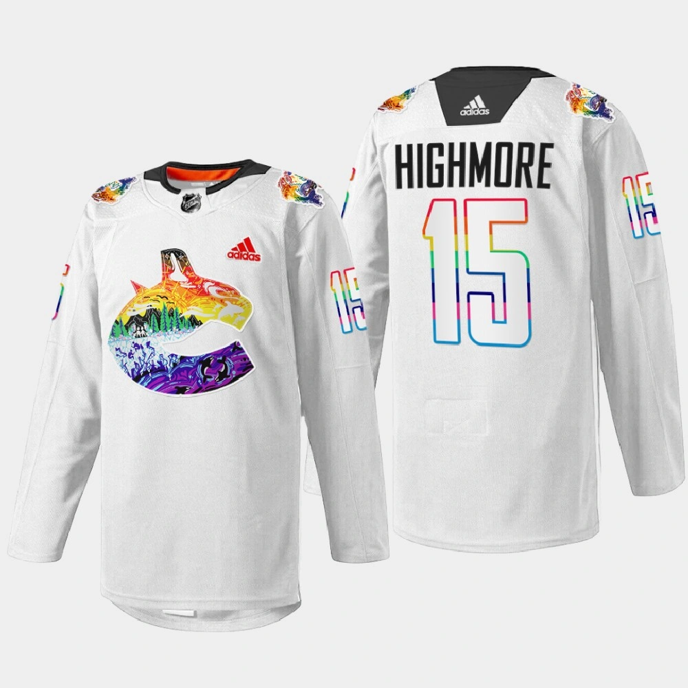 Matthew Highmore Vancouver Canucks Pride Night 2022 White #15 Jersey Mio Artwork Warmup