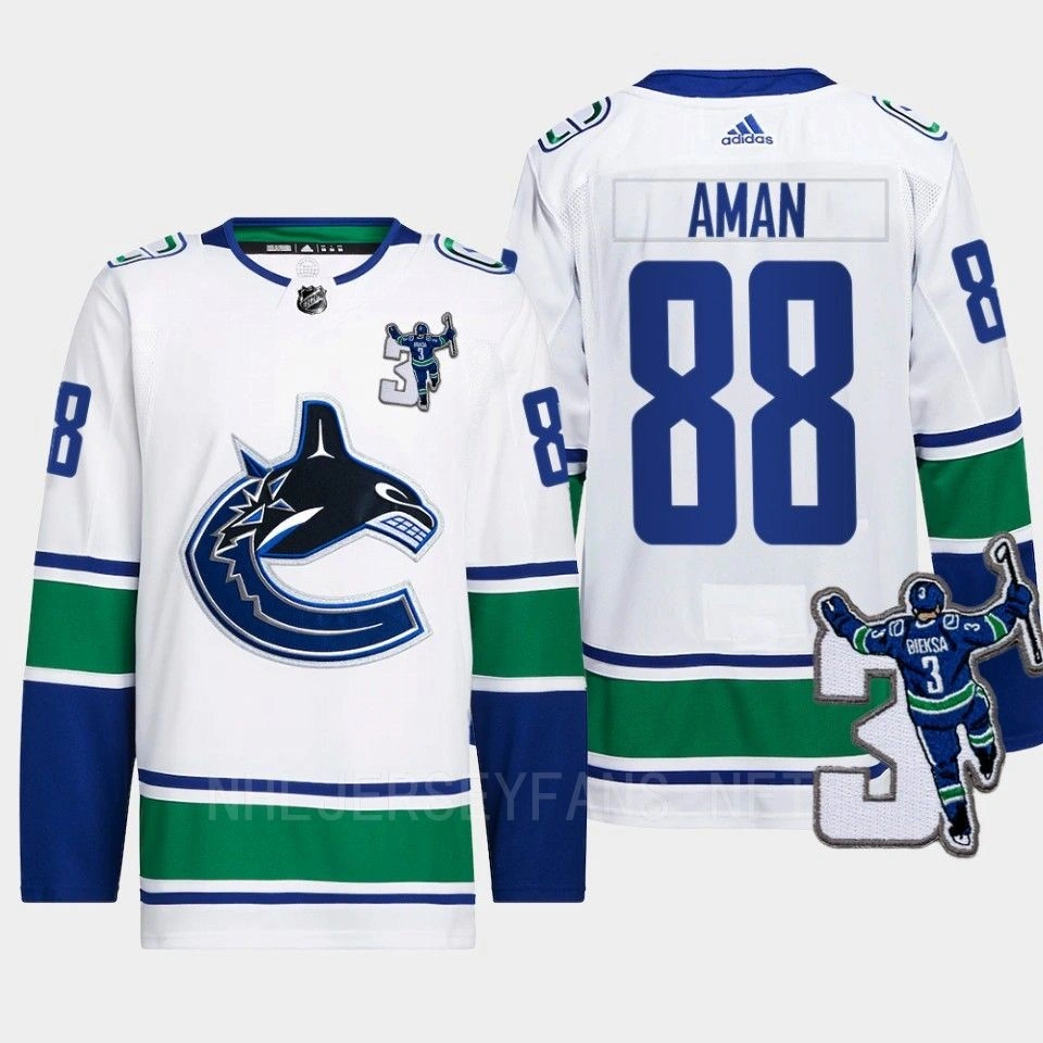 Women's Vancouver Canucks Kevin Bieska patch Nils Aman White Away Jersey Men's