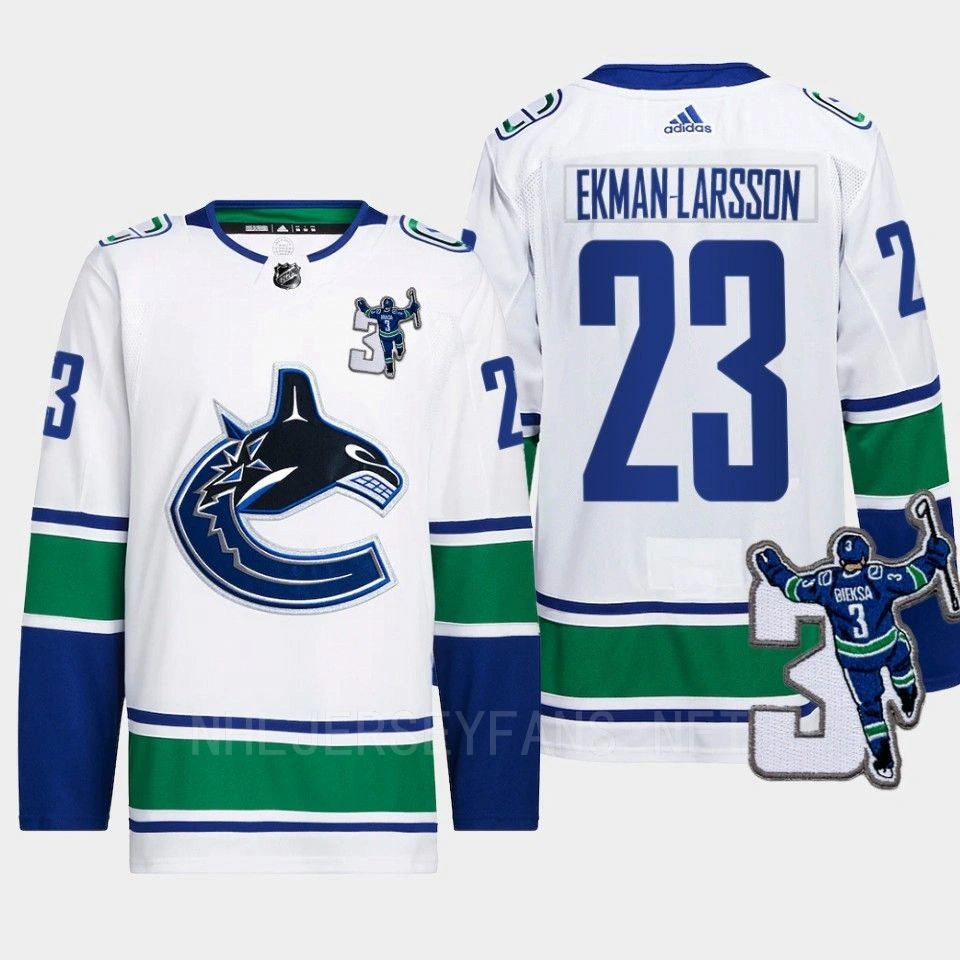 Vancouver Canucks Kevin Bieska patch Oliver Ekman-Larsson White Away Jersey Men's