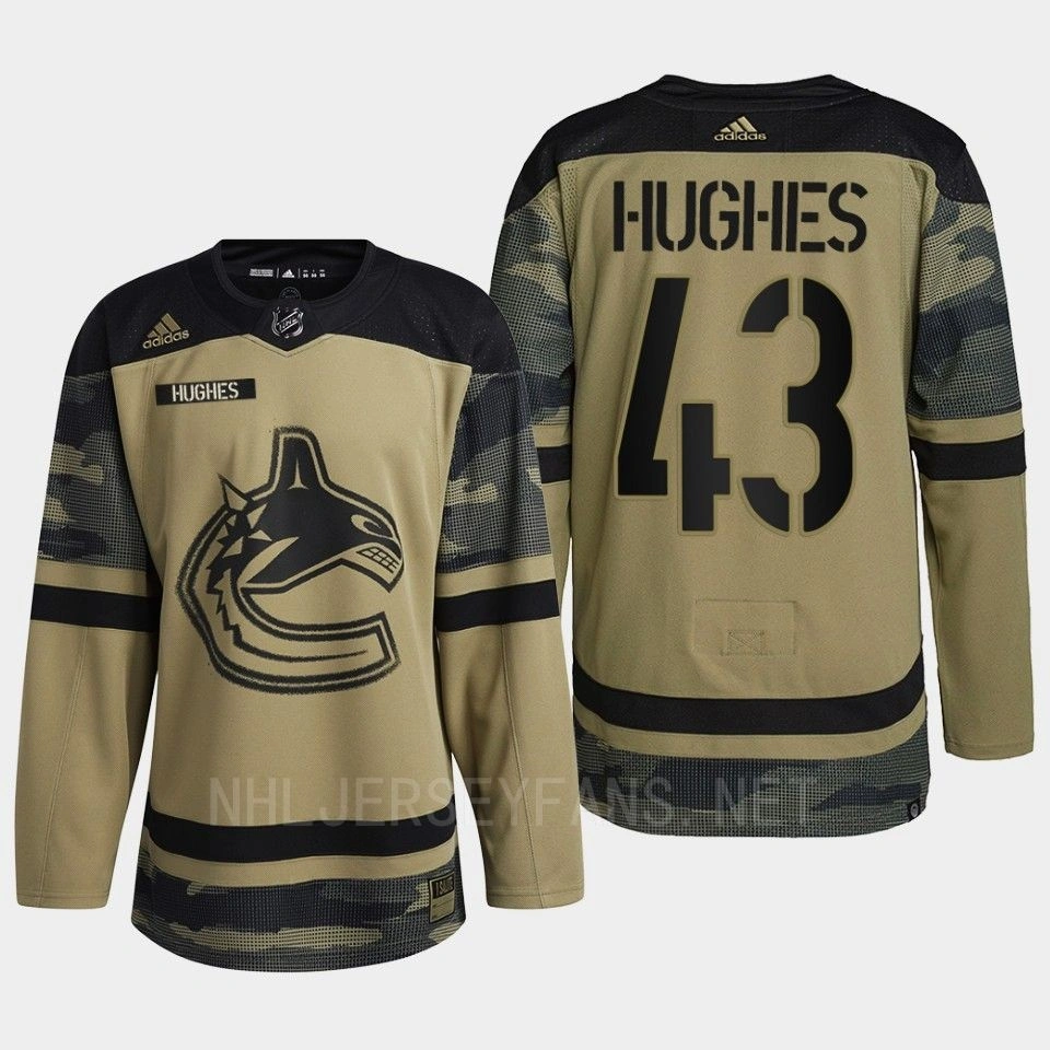 Women's Quinn Hughes Vancouver Canucks 2022 Armed Forces Green #43 Jersey Camo Warm-up Women's Quinn Hughes Vancouver Canucks 2022 Armed Forces Green #43 Jersey Camo Warm-up