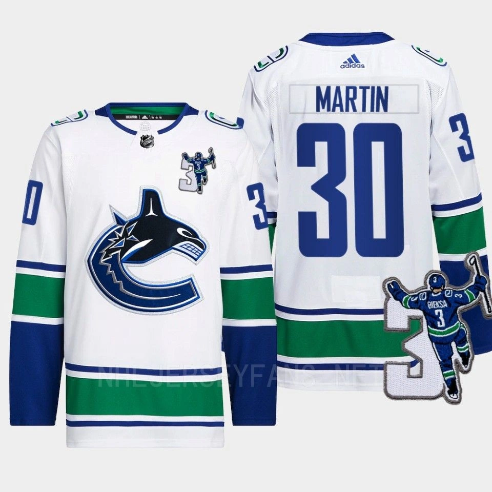 Women's Vancouver Canucks Kevin Bieska patch Spencer Martin White Away Jersey Men's