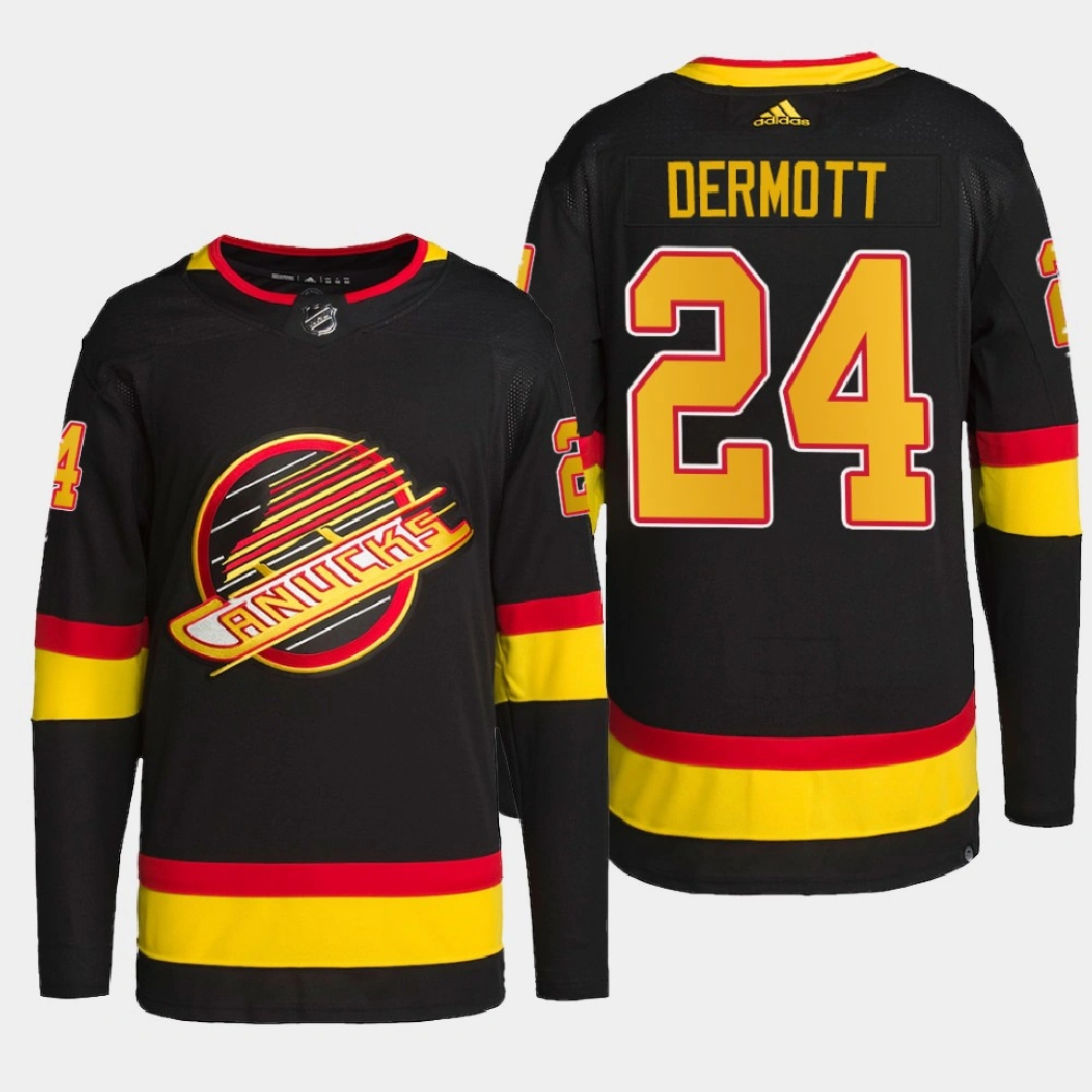 Youth Travis Dermott #24 Vancouver Canucks Black Jersey 2022 Retro Primegreen Authentic Pro Youth Travis Dermott #24 Vancouver Canucks Black Jersey 2022 Retro Primegreen Authentic Pro