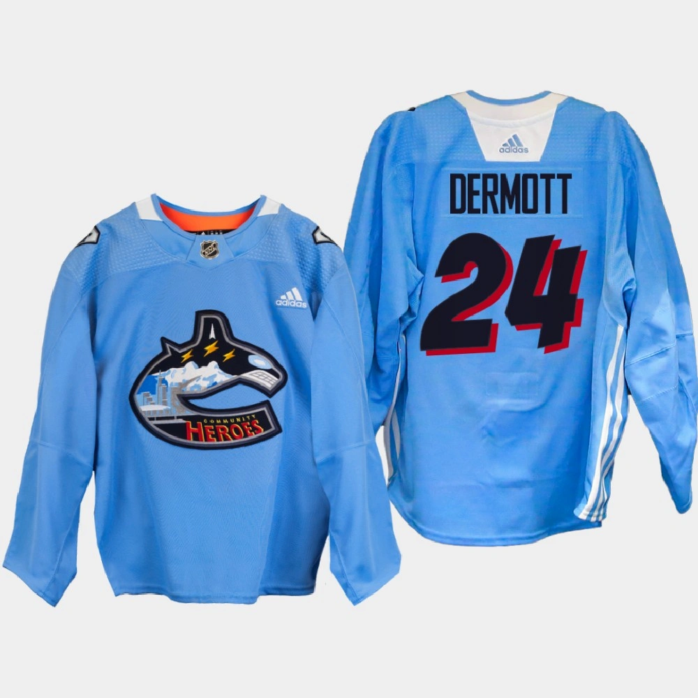 Travis Dermott Vancouver Canucks Community Heroes 2022 Blue #24 Jersey Warm Up Travis Dermott Vancouver Canucks Community Heroes 2022 Blue #24 Jersey Warm Up