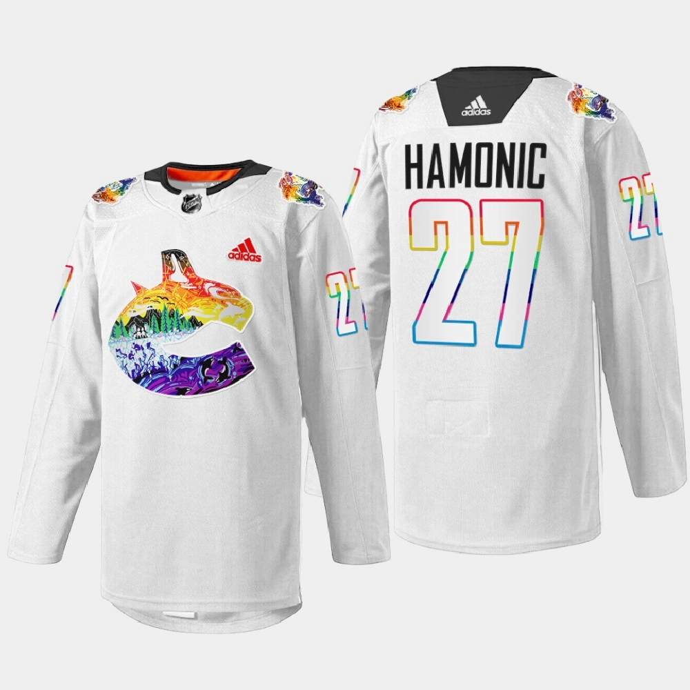 Youth Travis Hamonic Vancouver Canucks Pride Night 2022 White #27 Jersey Mio Artwork Warmup Youth Travis Hamonic Vancouver Canucks Pride Night 2022 White #27 Jersey Mio Artwork Warmup