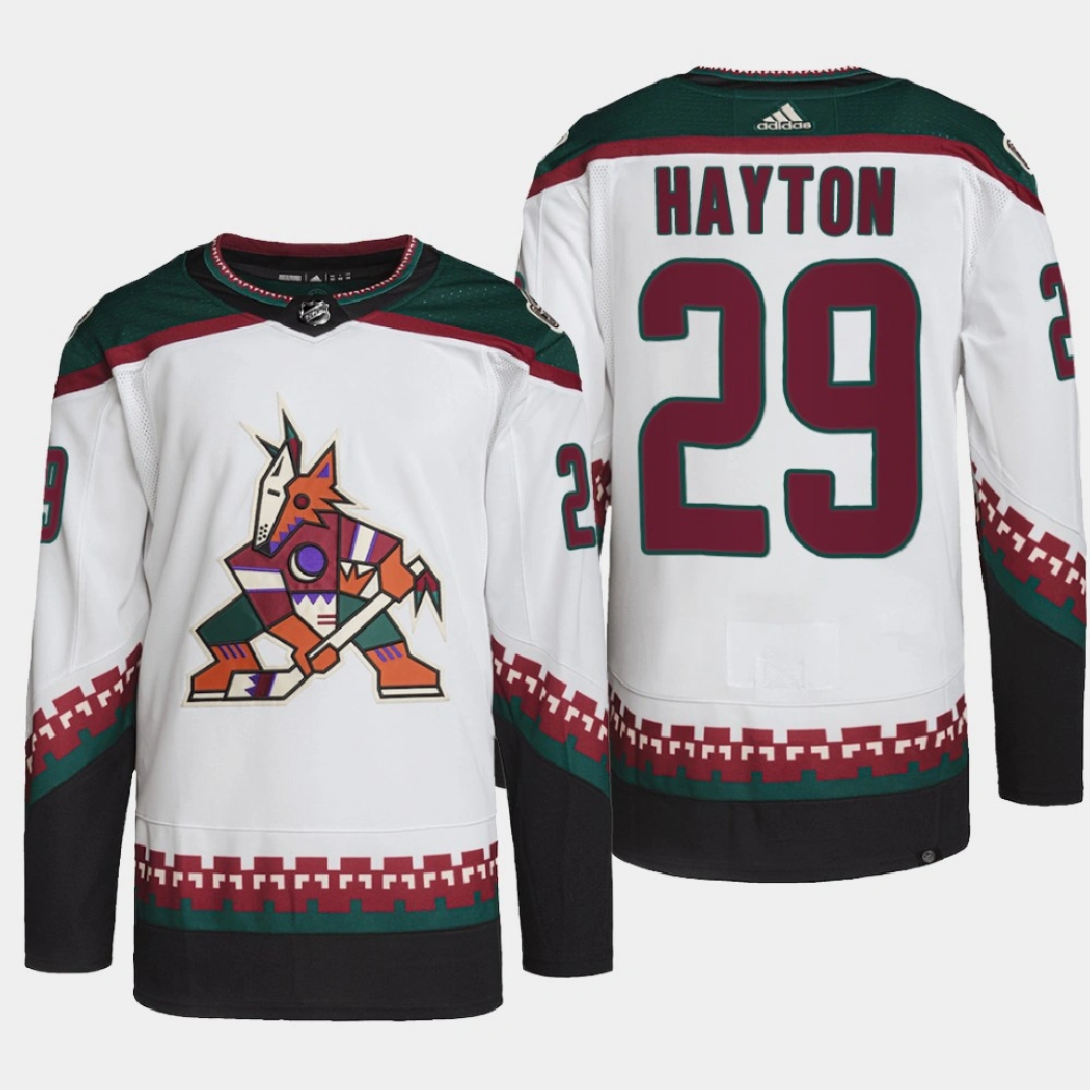 Youth Arizona Coyotes Barrett Hayton White Primegreen Authentic Pro Away Jersey 2022 Youth Arizona Coyotes Barrett Hayton White Primegreen Authentic Pro Away Jersey 2022
